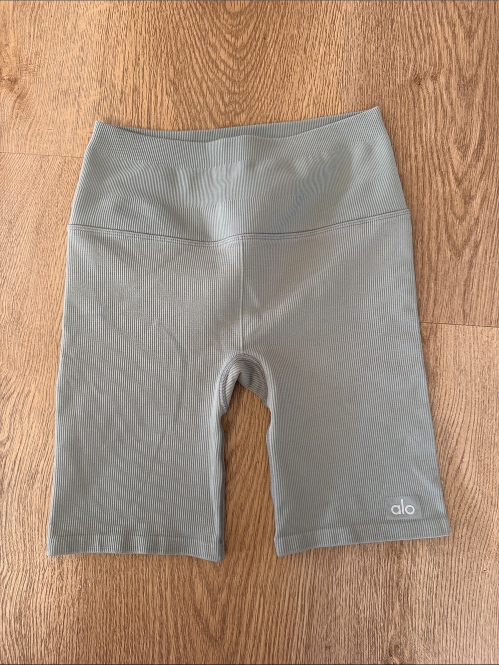 ALO Yoga Ribbed High-Waist Bike Shorts in Sage Green